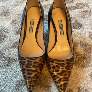 Prada shoes leopard print/black patent leather size 37, 7, 6.5, fun heel!